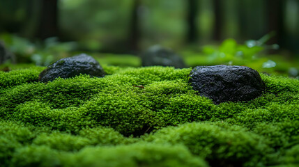 Wall Mural - A serene view of moss-covered ground with scattered rocks in a lush forest setting.