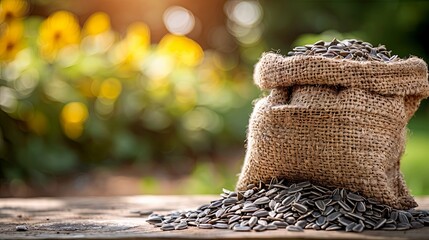 Wall Mural - Sunflower seeds in a burlap sack placed on a wooden table, with a field in the background.