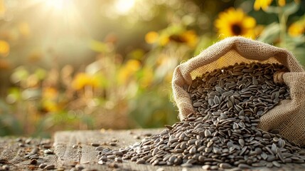 Wall Mural - Sunflower seeds in a burlap sack placed on a wooden table, with a field in the background.