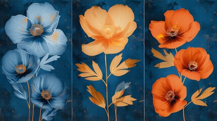 Wall Mural - A trio of abstract botanical wall art panels featuring translucent flowers in shades of blue and orange