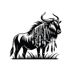 Wall Mural - Wildebeest in bohemian black and white silhouette illustration