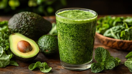 avocado on the table and green veggies and a glass of cabbage juice next to it.