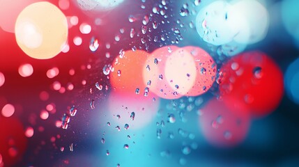 Poster -  A tight shot of a window adorned with raindrops, background featuring indistinct traffic lights