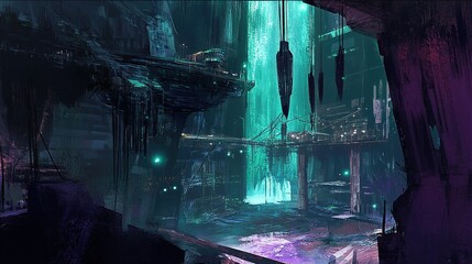 Exploring a futuristic underground caverns illuminated by glowing crystals in a vibrant, high-tech environment at dusk