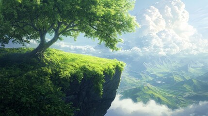 Wall Mural -  A tree atop a cliff in a green valley's heart beneath a clouded blue sky