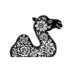 Wall Mural - Camel in folk art black and white silhouette illustration