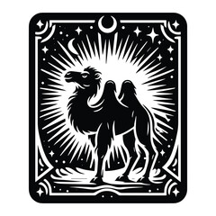 Wall Mural - Camel in Tarot card black and white silhouette illustration