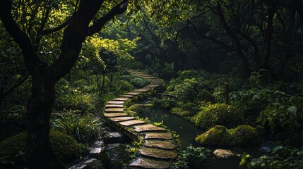 Wall Mural -  A middleated forest path, featuring stepping stones edging it, directs one towards the water