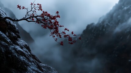 Wall Mural -  A red-flowered branch against a mountain backdrop, fog obscuring the sky behind