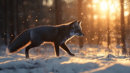 Wall Mural - A Silver Fox Walks Through a Snowy Forest at Sunset