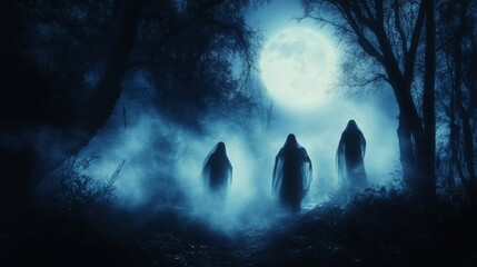 Three Figures in the Moonlight Forest, Digital Painting, Silhouettes, Fog, Mystery, Moonlit Forest, Horror