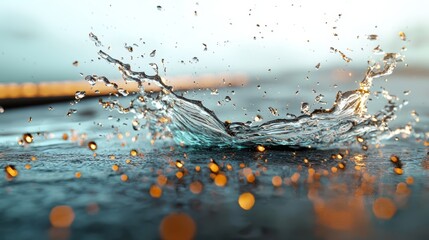 Poster -  A tight shot of water droplets splashing onto a slick surface, accompanied by a blurred backdrop of the sky