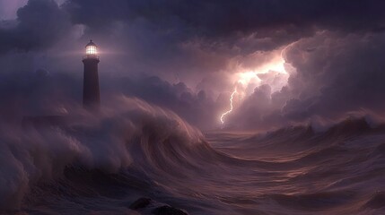 A stormy night at the lighthouse with powerful waves crashing and lightning illuminating the dark sky