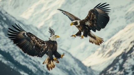 Two Bald Eagles in Flight with Mountainous Background