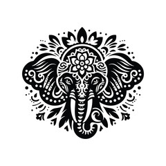 Elephant in folk art black and white silhouette illustration