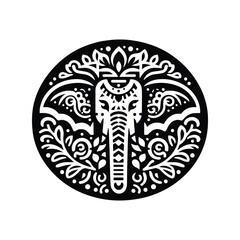 Elephant in folk art black and white silhouette illustration