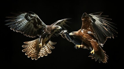 Wall Mural - Two Hawks in Mid-Flight Facing Each Other Against a Black Background