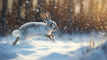 white-tailed jackrabbit leaping through snow-covered field