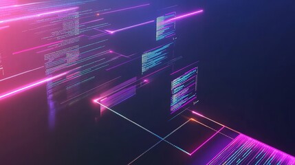 Abstract digital design showcasing vibrant lines of code and data flow in a dark space, representing modern technology and innovation
