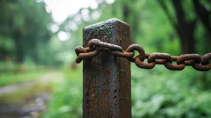  A tight shot of a weathered metal pole with a chain dangling from its side in a forested setting