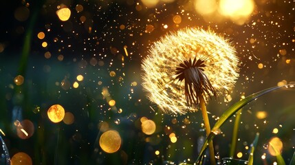 Wall Mural -  A tight shot of a dandelion amidst a sea of grass, backed by numerous lights