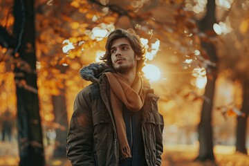 Sticker - Young man in a warm modern clothes in autumn park