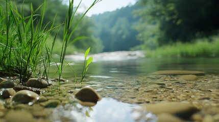 Wall Mural -  A stream winds through a verdant forest, dotted with numerous rocks and lush green grass Surrounding it are countless trees