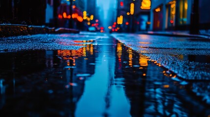 pavement reflects in gleaming street lights; puddles hold ground's mirror image