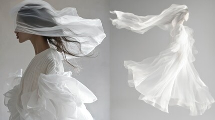 Canvas Print - A Woman in a White Dress and Veil with Flowing Fabric