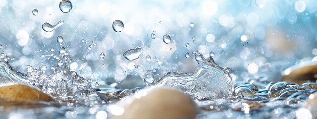 Poster -  A tight shot of water with nearby rocks in the foreground and a vast expanse of blue sky overhead