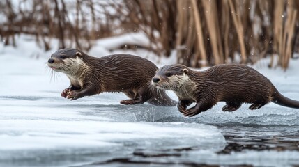 Sticker - Two Otters Running on Ice in a Wintery Scene