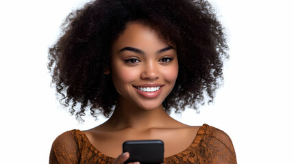 A smiling young woman holds a smartphone, exuding positivity and engagement.