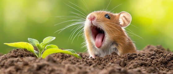 Wall Mural -  A small rodent yawns in the dirt with its mouth widely open