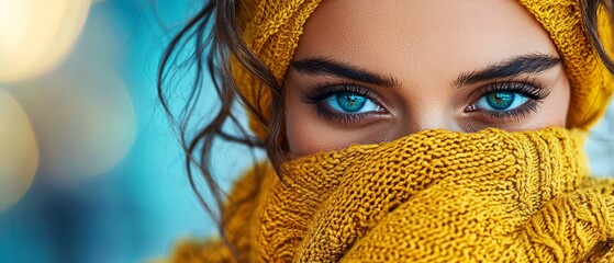 Wall Mural -  A tight shot of a woman's face, her blue eyes gazing directly, scarved in a yellow knitted accessory