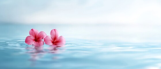 Wall Mural -  A few pink blooms bobbing above a blue expanse of water, surrounded by a blue sky behind