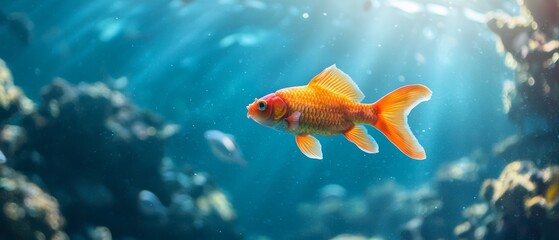 Wall Mural -  A tight shot of a goldfish swimming against aquarium backdrop, teeming with various other fish