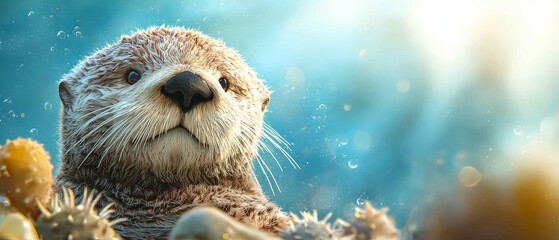  A close-up of a sea otter, eyes open, head above water as it floats in the water