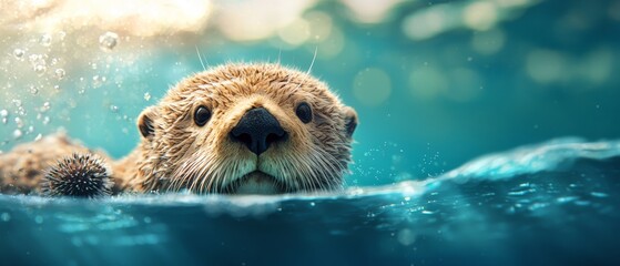  A close-up of a sea otter swimming, head above water's surface