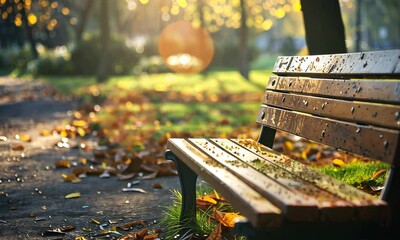 Wall Mural - wooden bench in park during fall season with sunshine and scattered leaves