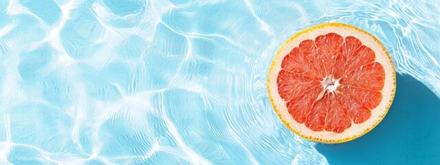 Wall Mural -  A grapefruit, halved, atop a blue swimming pool with water-induced ripples