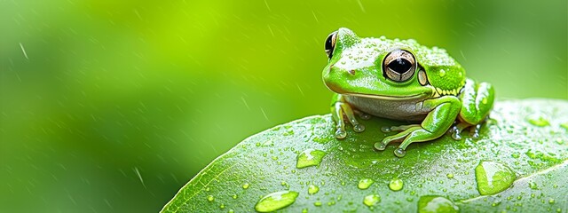  A green frog sits atop a rain-drenched green leaf