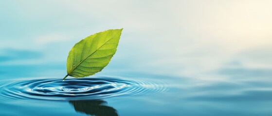 Poster -  A leaf hovers above still waters, its surface disturbed only by a solitary droplet Blue sky unfolds overhead