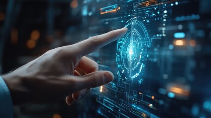A hand points at a digital interface with a glowing circle at the center.