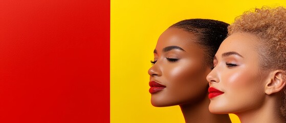 Sticker -  Two mannequins, both female, wear red lipstick Behind them lies a vibrant backdrop of yellow and red, mirroring the Belgian flag's colors