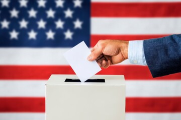 Hand of a person placing a ballot paper in the ballot box with an American flag in the background,2024 American US presidential general election - voting and politics concept. 