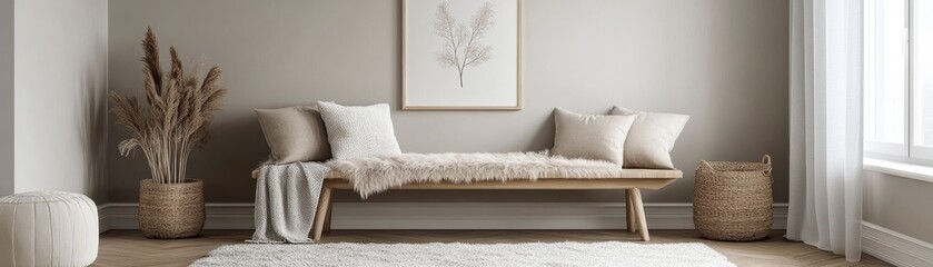 A Cozy Minimalist Entryway with a Wooden Bench, Fur Throw, and Natural Elements, Interior Design, Minimalist, Cozy