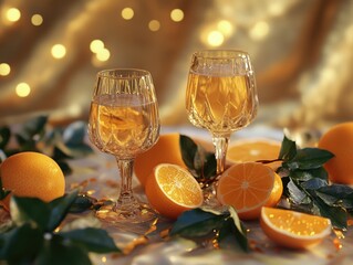 Wine and Oranges on Table