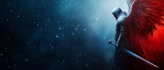 Wall Mural -  A man, bearing wings and wielding a single sword in the snowy landscape