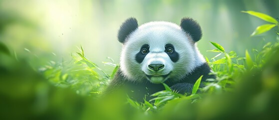  A panda bearing a serious expression sits in the heart of a lush grassy field, gazing at the camera