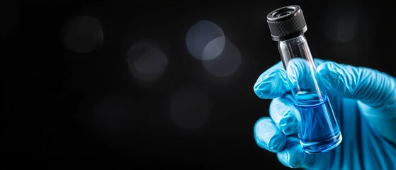 Sticker -  A hand in a blue glove holds a pipe with a liquid inside against a black backdrop Nearby, buckets of light illuminate the scene